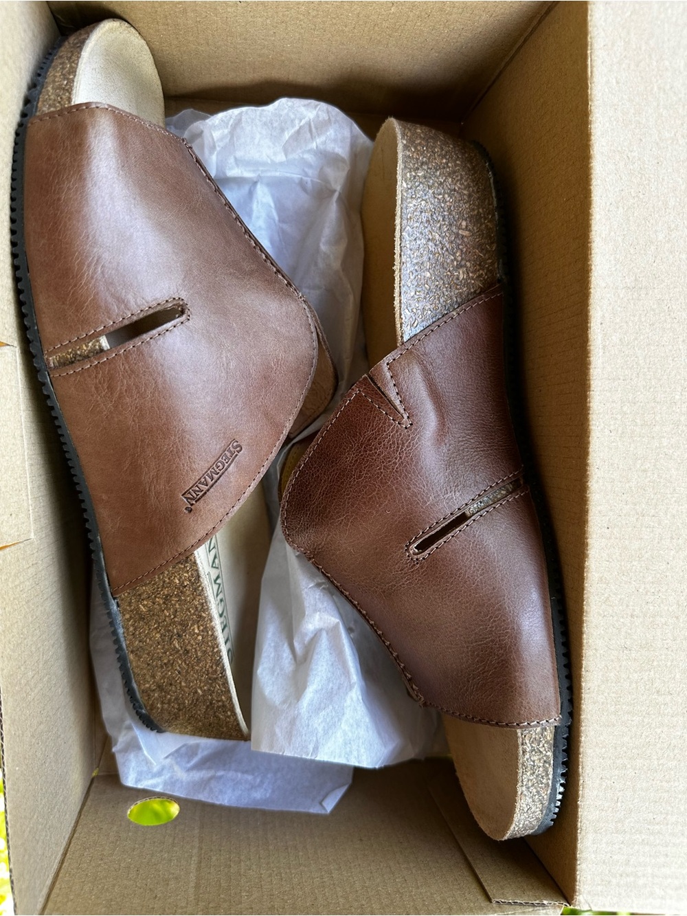 NEW in Box- Stegmann Brown Leather Slide Sandals with Cork Footbed